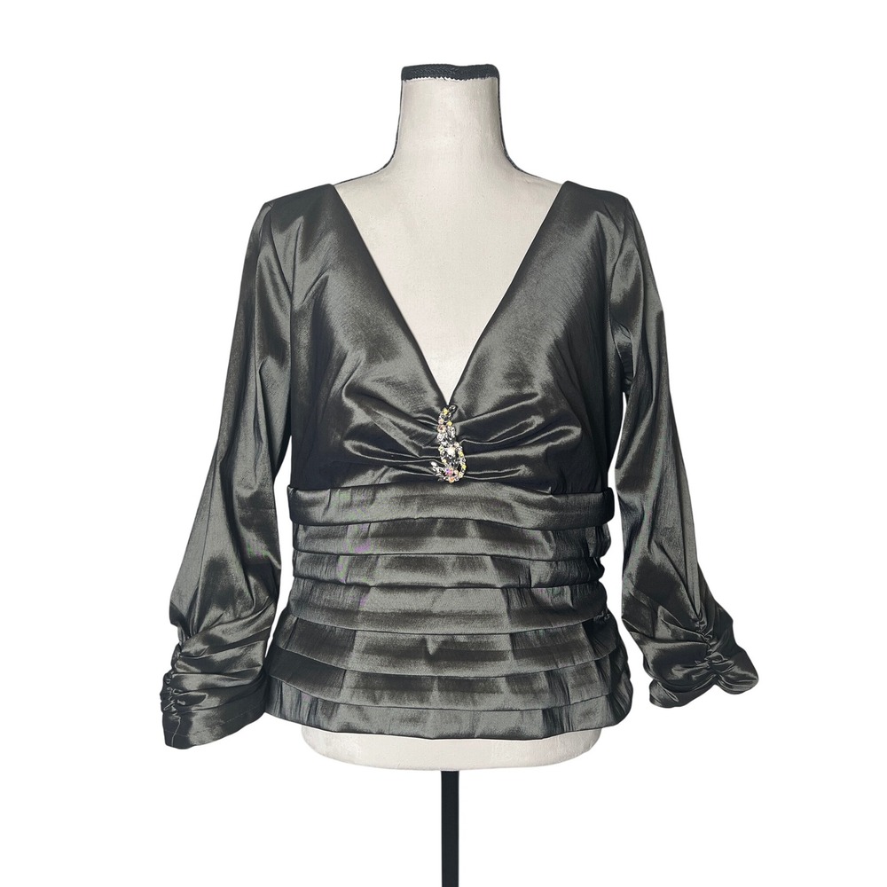 Tadashi Shimmery Evening Blouse Shirt Jeweled Embellished Size 14 Ruched Tiered